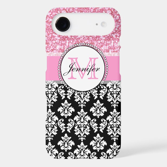 Girly, Pink, Glitter Black Damask Personalized Case-Mate Samsung Galaxy Case (Back)
