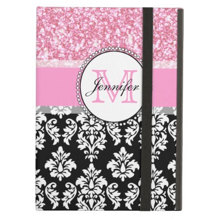 Girly, Pink, Glitter Black Damask Personalized Cover For Ipad Air
