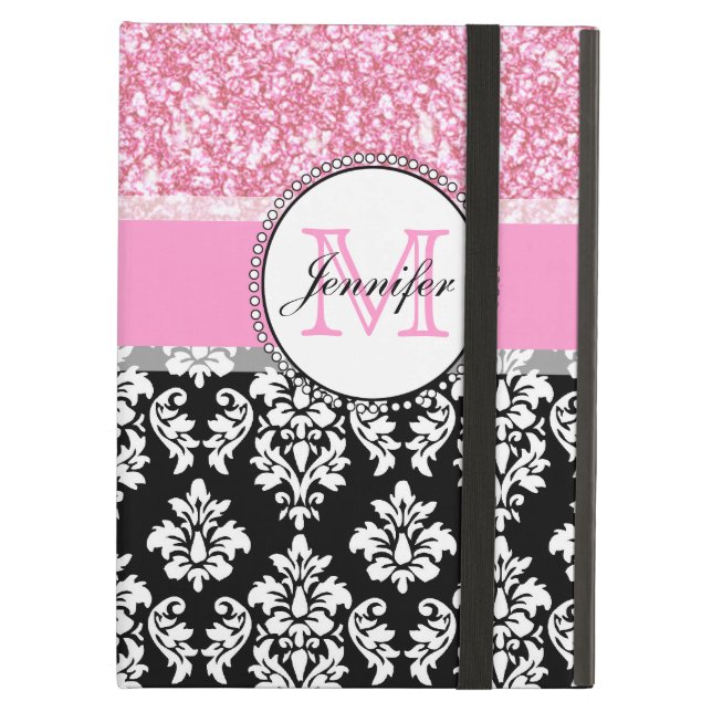 Girly, Pink, Glitter Black Damask Personalized Cover For iPad Air (Front Closed)