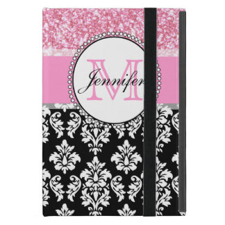 Girly, Pink, Glitter Black Damask Personalized Cover For iPad Mini