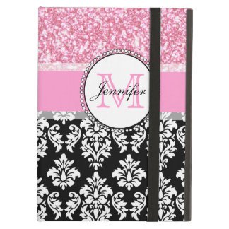 Girly, Pink, Glitter Black Damask Personalized iPad Air Covers