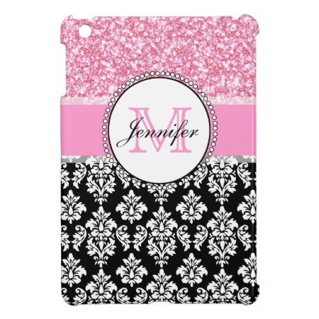 Girly, Pink, Glitter Black Damask Personalized Ipad Mini Case