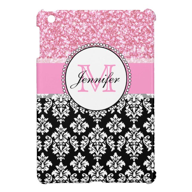 Girly, Pink, Glitter Black Damask Personalized iPad Mini Case (Back)