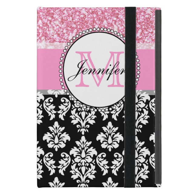 Girly, Pink, Glitter Black Damask Personalized iPad Mini Case (Front Closed)