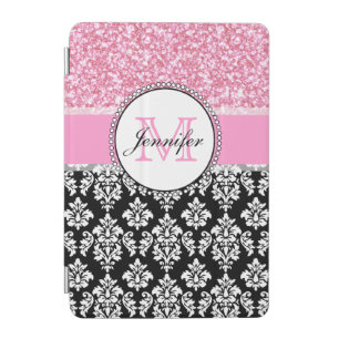 Girly, Pink, Glitter Black Damask Personalized iPad Mini Cover