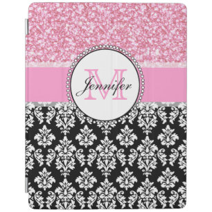 Girly, Pink, Glitter Black Damask Personalized iPad Smart Cover