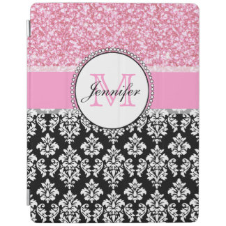 Girly, Pink, Glitter Black Damask Personalized iPad Smart Cover