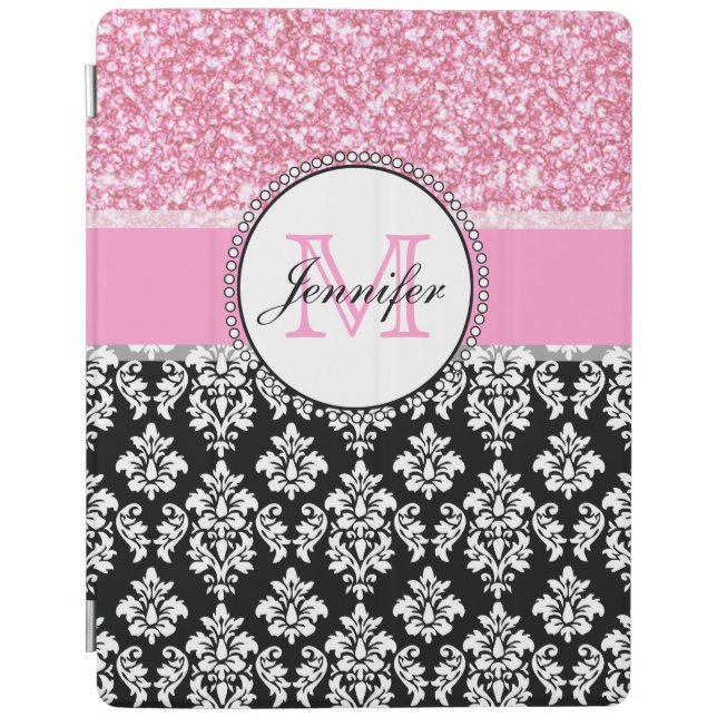 Girly, Pink, Glitter Black Damask Personalized iPad Smart Cover (Front)