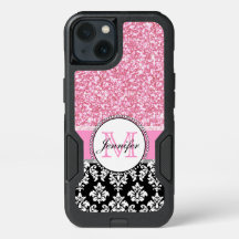 Girly, Pink, Glitter Black Damask Personalized