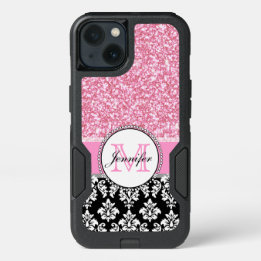 Girly, Pink, Glitter Black Damask Personalized iPhone 13 Case