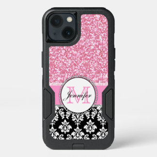 Girly, Pink, Glitter Black Damask Personalized iPhone 13 Case