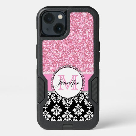 Girly, Pink, Glitter Black Damask Personalized Iphone 13 Case