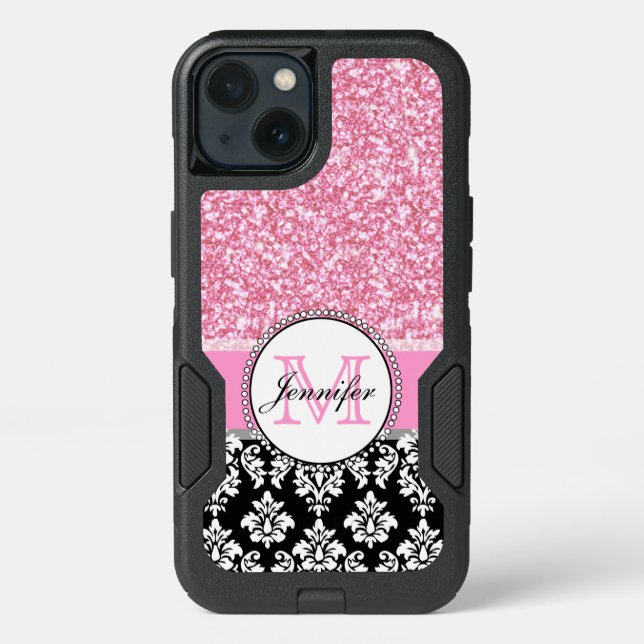 Girly, Pink, Glitter Black Damask Personalized Otterbox iPhone Case (Back)