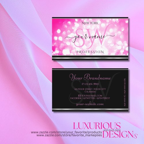 Girly Pink Glitter Black Silver Border Initials Business Card