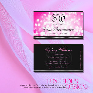 Girly Pink Glitter Black Silver Border Monogram Business Card