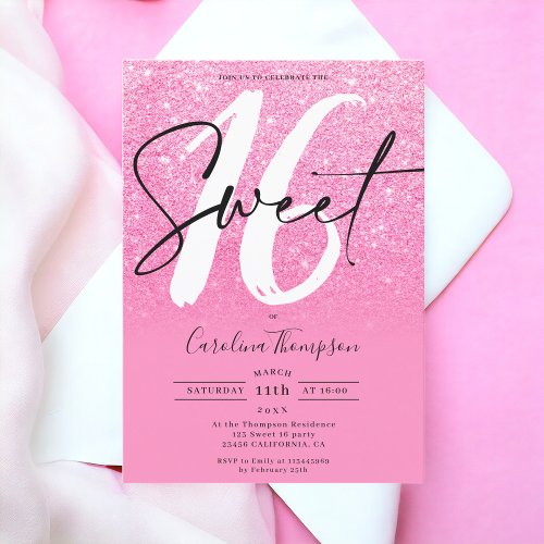 Girly pink glitter border script photo Sweet 16 Invitation