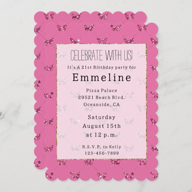 Girly Pink Glitter Butterflies Invitation (Front/Back)