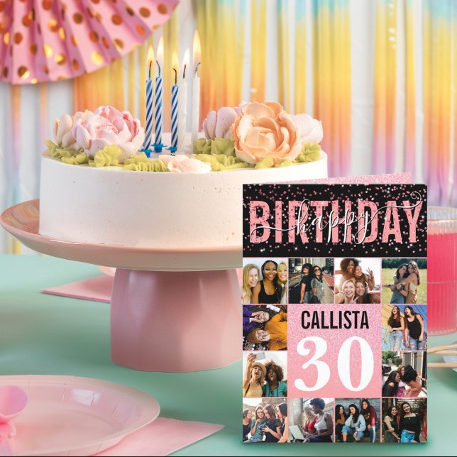Girly Pink Glitter Confetti 12 Photo Birthday Card (Creator Uploaded)