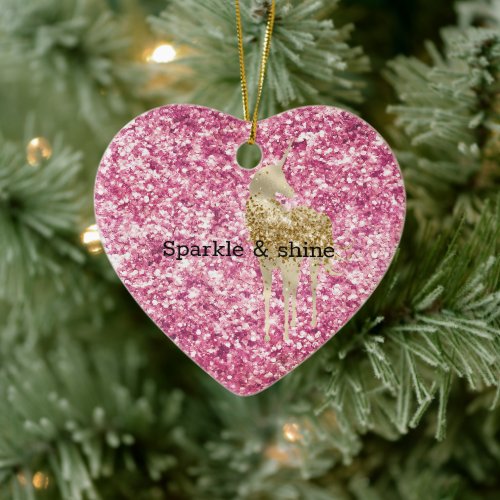 Girly Pink Glitter Confetti Gold Unicorn Ceramic Ornament