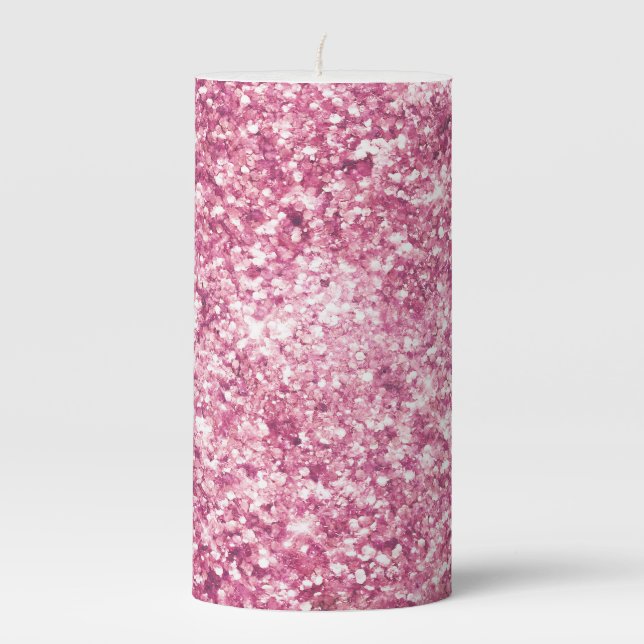 Girly Pink Glitter Confetti Pillar Candle (Front)