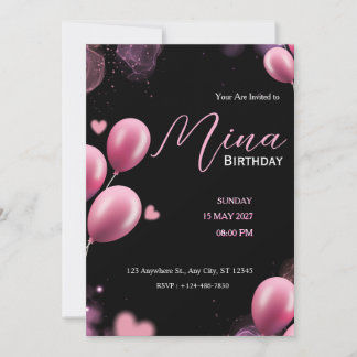 girly pink glitter cute birthday black invitation