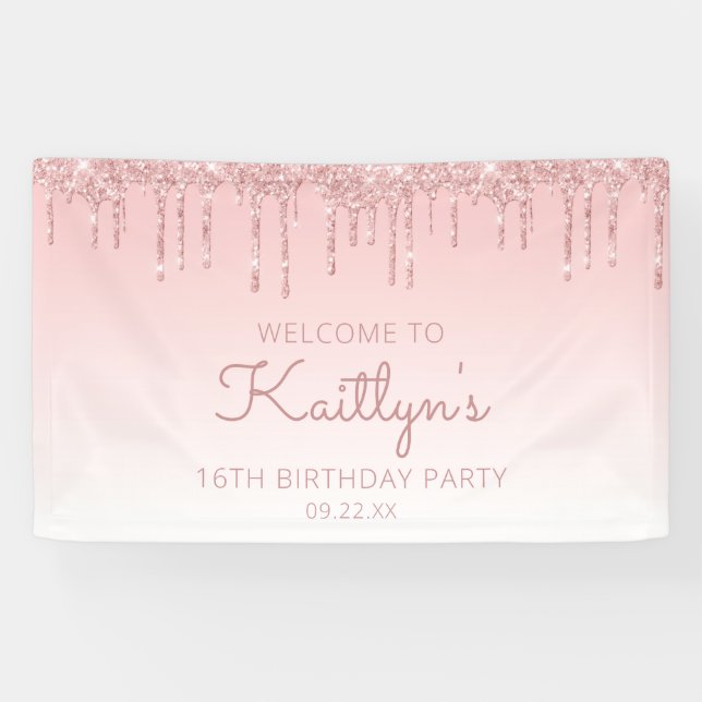 Girly Pink Glitter Drip 16th Birthday Party Banner (Horizontal)