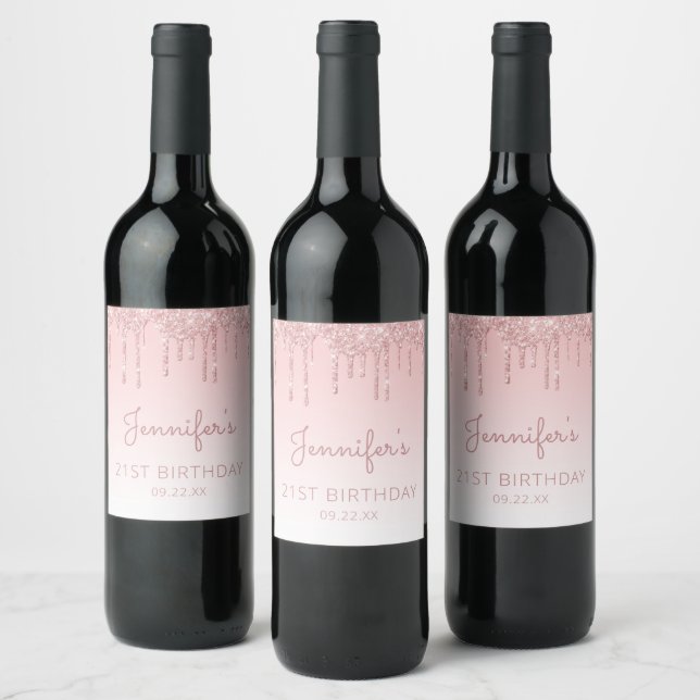 Girly Pink Glitter Drip 21st Birthday Party Wine Label (Bottles)