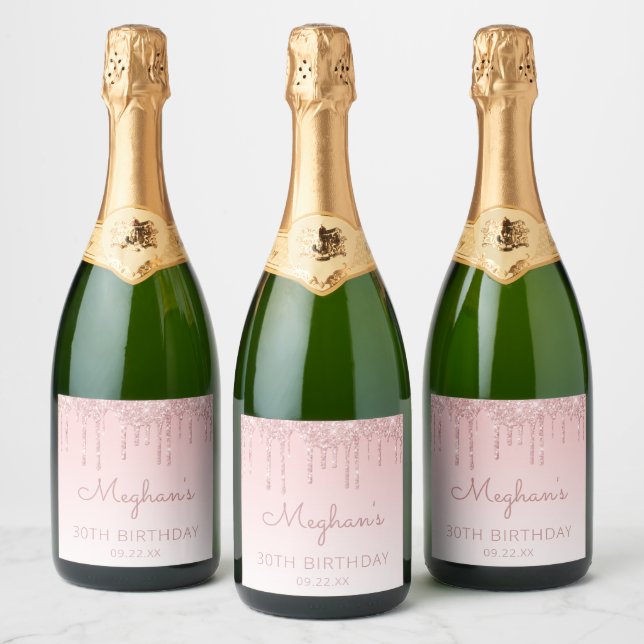 Girly Pink Glitter Drip 30th Birthday Party Sparkling Wine Label (Bottles)