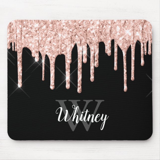 Girly Pink Glitter Drip Gray Monogram Mouse Pad (Front)