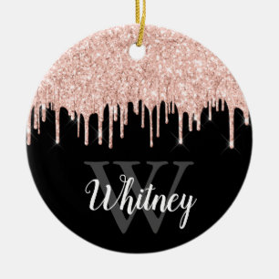 Girly Pink Glitter Drip Gray Monogram Photo Cerami Ceramic Ornament