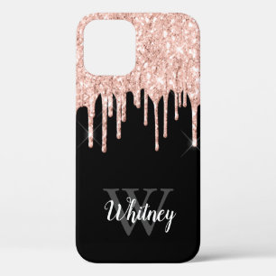 Girly Pink Glitter Drip Grey Monogram iPhone 12 Case