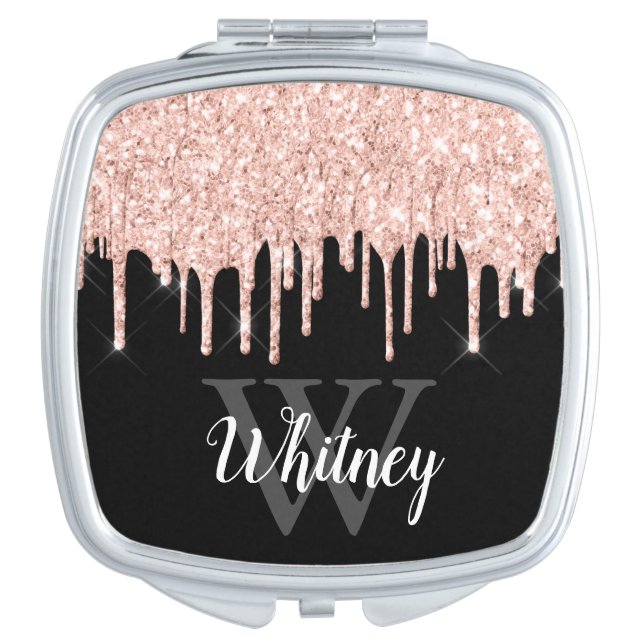 Girly Pink Glitter Drip Grey Monogram Compact Mirror (Front)