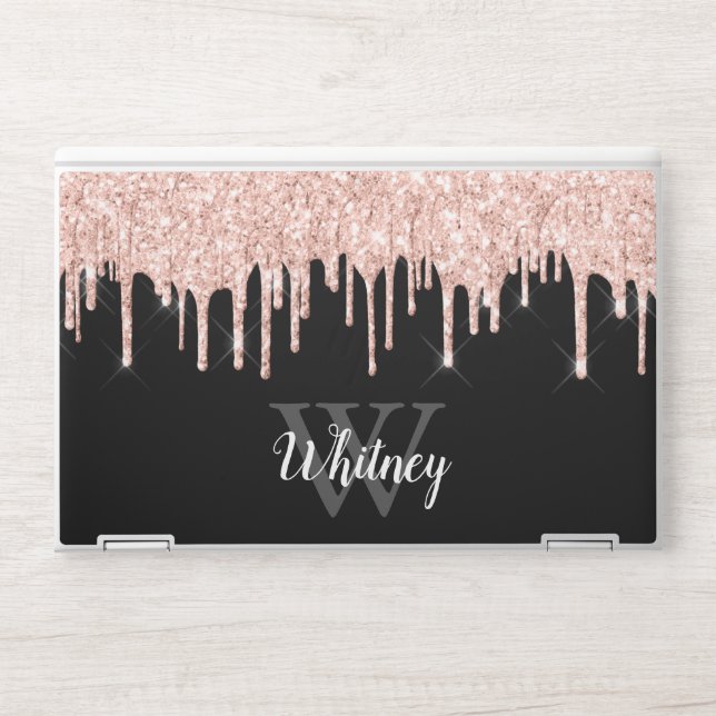 Girly Pink Glitter Drip Grey Monogram HP Laptop Skin (Front)