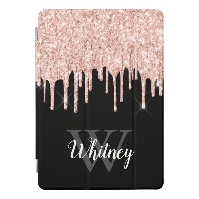 Girly Pink Glitter Drip Grey Monogram iPad Pro Cover (Front)