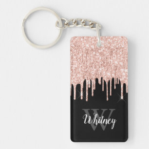 Girly Pink Glitter Drip Grey Monogram Keychain