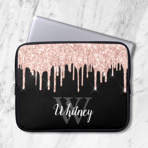 Girly Pink Glitter Drip Grey Monogram Laptop Sleeve