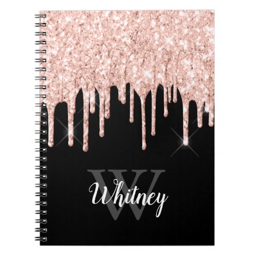 Girly Pink Glitter Drip Grey Monogram Notebook