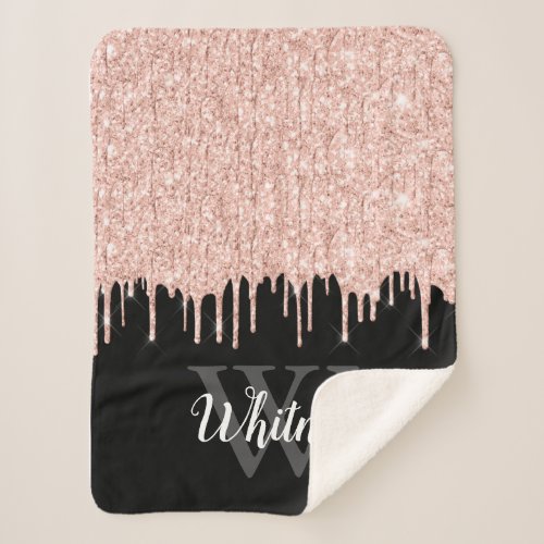 Girly Pink Glitter Drip Grey Monogram Sherpa Blanket