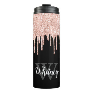 Girly Pink Glitter Drip Grey Monogram Thermal Tumbler