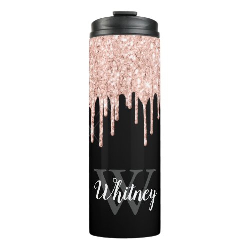 Girly Pink Glitter Drip Grey Monogram Thermal Tumbler