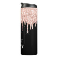 Girly Pink Glitter Drip Grey Monogram Thermal Tumbler