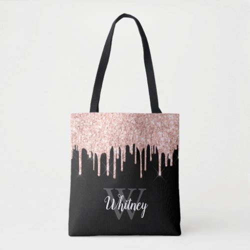 Girly Pink Glitter Drip Grey Monogram Tote Bag