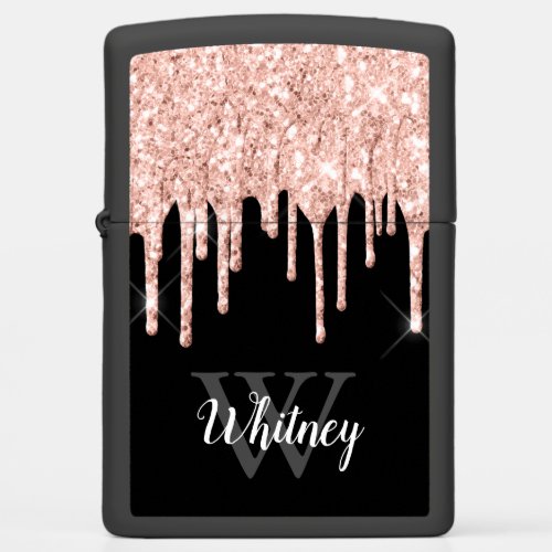 Girly Pink Glitter Drip Grey Monogram Zippo Lighter