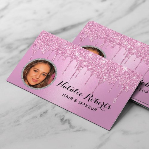 Girly Pink Glitter Drips Beauty Salon Photo Business Card