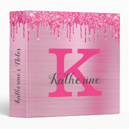 Girly Pink Glitter Drips Chic Glam Monogram Name 3 Ring Binder