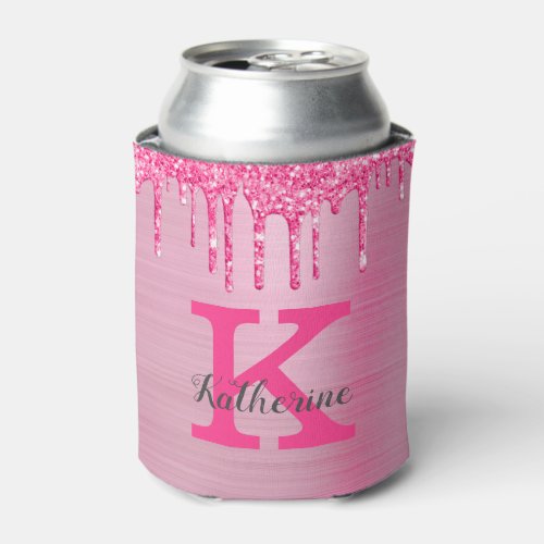 Girly Pink Glitter Drips Chic Glam Monogram Name Can Cooler