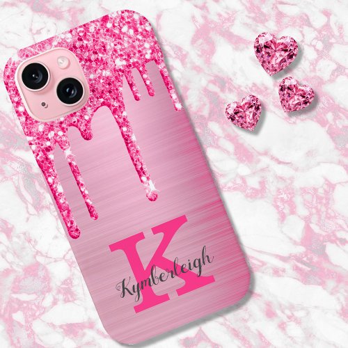 Girly Pink Glitter Drips Chic Glam Monogram Name iPhone 15 Case