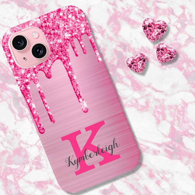 Girly Pink Glitter Drips Chic Glam Monogram Name Case-Mate iPhone Case (Creator Uploaded)