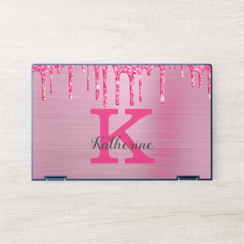 Girly Pink Glitter Drips Chic Glam Monogram Name HP Laptop Skin