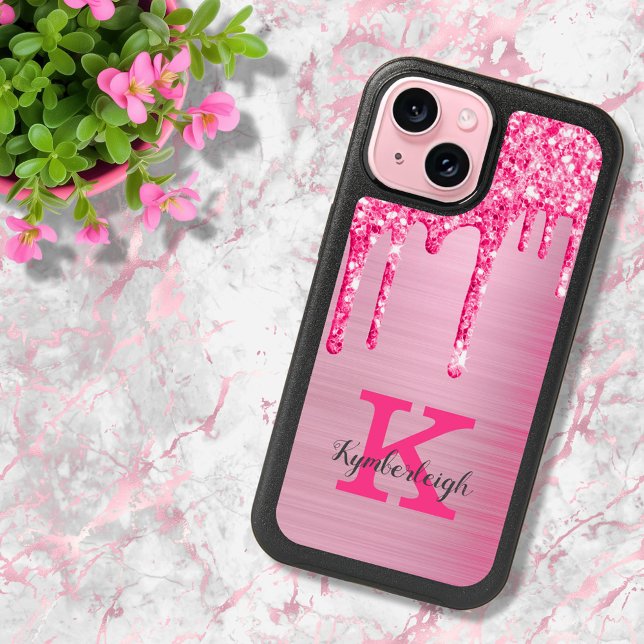 Girly Pink Glitter Drips Chic Glam Monogram Name iPhone 15 Case (Creator Uploaded)